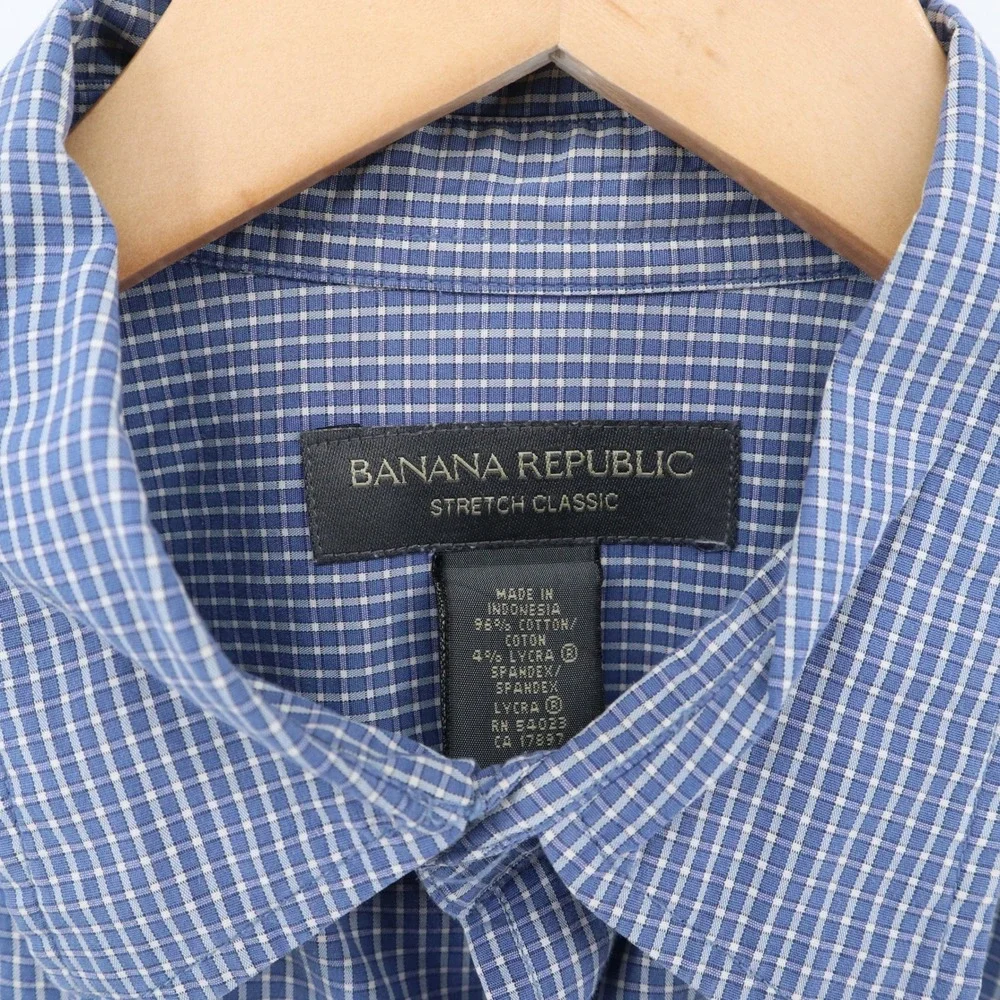Banana Republic Shirt Large Blue Micro Check Y2K Stretch Cotton Short Sleeve